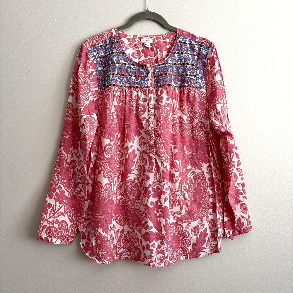 J. Crew Embroidered Placket Top Size Large Pink Blue 100% Cotton Boho Peasant
